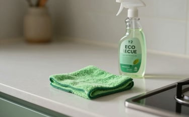 Close-up of a modern T2 apartment kitchen counter in soft seaweed green and off-white. A professional cleaning cloth and eco-friendly spray bottle are placed neatly, showing attention to detail. The background is slightly blurred, focusing on the pristine cleanliness.