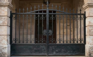 A grand, ornamental iron gate with intricate blacksmith scrollwork, standing as a symbol of strength and reliability. Elegant lighting highlights the texture of the dark metal against a stone wall. Colors include deep charcoal #2C272E and warm brown #6B4C38.