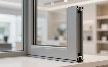 A close-up shot of a high-quality aluminium window frame with sleek glass, showcasing sophisticated craftsmanship. The setting is a bright, modern Riyadh showroom with clean lines. The palette includes metallic greys and soft neutrals from the brand colors #B7A598 and #F8F5F2.