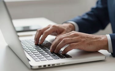 A close-up photograph of a professional's hands working on a sleek laptop on a desk. The lighting is soft and bright, with accents of dark charcoal blue and pale silver in the office supplies. The atmosphere is productive and modern.