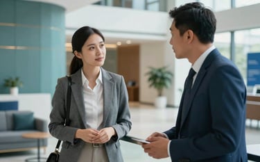 A professional portrait of two financial partners in conversation in a bright, high-end office lobby. Accents of muted teal blue and bright steel blue appear in the decor, reflecting trust and expertise.