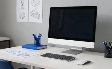 A designer's workspace in a European / French studio, showing a high-end monitor and sketches. The color palette includes pale mist grey walls and royal blue stationery. Clean and creative professional atmosphere.