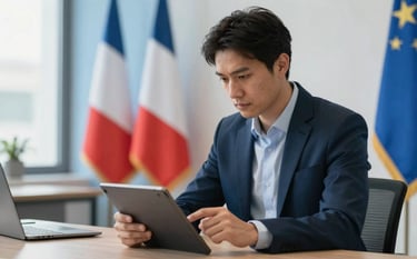 A professional in a European / French corporate office using a tablet to analyze data. The environment is bright and sophisticated, with hints of sky blue and royal blue in the interior decor. Sharp focus, soft natural light.