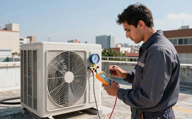 A professional technician checking a large outdoor commercial air conditioning unit on a rooftop. He is using a digital multimeter and pressure gauges. The background shows a clear sky and modern urban Latin American buildings under bright, clean sunlight.