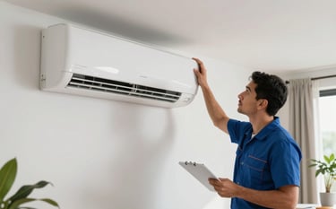 A professional technician in a clean uniform installing a sleek, modern white split air conditioning unit on a wall in a bright, contemporary Latin American living room. The scene is filled with natural daylight, showing a clean and organized workspace with a focus on reliability and professionalism.