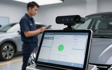 A close-up of a digital diagnostic tablet displaying calibration data in a high-tech North American auto shop. In the background, a technician stands near a modern car, ensuring the ADAS sensors are perfectly aligned through the new windshield. Lighting is clean and professional.