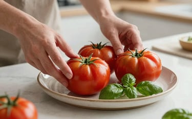 A close-up shot of a content creator's hands arranging organic heirloom tomatoes and fresh basil on a crisp parchment colored ceramic plate. The setting is a bright, modern kitchen in North American / European style, with soft natural light and deep ripe crimson accents.