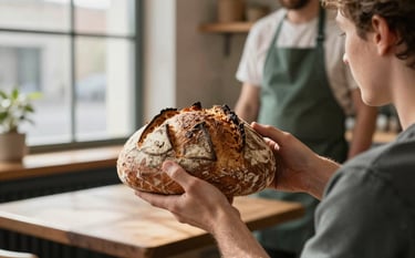 A professional North American / European photographer captured from behind, focusing their lens on a rustic artisan sourdough loaf inside a cozy, Scandinavian-style restaurant. Warm afternoon light filters through a large window, highlighting the texture of the bread and the matte forest green apron of the baker in the background.