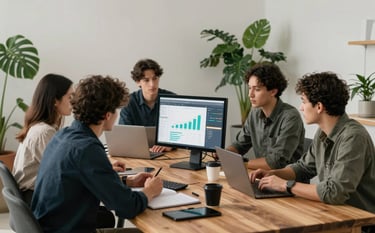A professional marketing team in a light-filled North American / European creative studio, collaborating around a large wooden table. They are reviewing digital growth metrics on screens with matte forest green plants in the corner. The atmosphere is sophisticated and authentic.