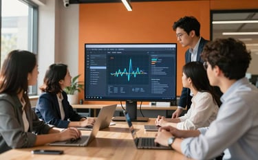 A dynamic team meeting in a modern US tech hub, professionals collaborating around a digital screen, natural sunlight, orange and navy color palette in the decor, focused and innovative energy.