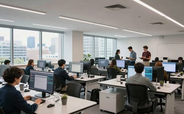 A wide shot of a bright modern learning laboratory in a North American city, professionals collaborating over complex software interfaces, innovative and sleek architecture.