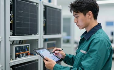 A Geetecky technician in a professional #2A735E and #0F1D2C uniform using a digital tablet to monitor a clean energy system. The focus is on precision and modern technology, showcasing the company's commitment to technical support and maintenance.