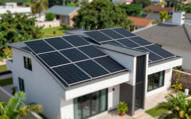 A premium modern Nigerian residence in Lagos featuring sleek black solar panels integrated into the architecture. The lighting is bright and clear, reflecting a sun-drenched day. The scene exudes trustworthiness and technological advancement, with subtle accents of #2A735E in the surrounding greenery.