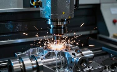 Close-up photography of a precision CNC milling machine in action within a modern Latin American / Spanish-speaking factory. Sparks and coolant fluid spray over a gleaming steel automotive component. The color palette features deep black shadows and bright cyan highlights from industrial LED lighting.