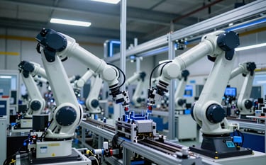 Wide-angle view of a state-of-the-art automated assembly line in a Latin American / Spanish-speaking manufacturing plant. Integrated robotic arms move with precision under cool white and electric blue lighting. The environment is clean and professional, showcasing high-level Industry 4.0 technology.