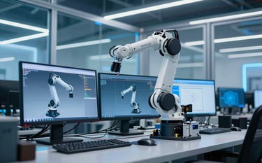 Cinematic shot of a professional engineering studio in a Latin American / Spanish-speaking industrial park. A high-tech workstation shows a complex 3D CAD model of a robotic arm on multiple glowing monitors. Lighting is dominated by neon blue and white tones reflecting off clean glass. Sharp focus, high-tech engineering style.