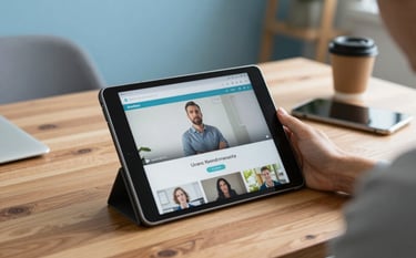 A close-up of a person in a North American home office using a tablet to watch an online course, warm natural lighting, high-quality wooden desk, professional and organized atmosphere, sky blue accents.