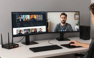 A young North American / US professional at a clean, modern desk with a multi-monitor setup in a home office. One screen shows high-definition streaming content while the other shows a video call. A high-tech router with glowing coral orange indicators is visible. The room uses a medium grey and soft off-white palette.
