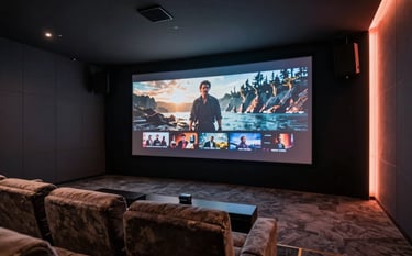 A sophisticated North American / US home cinema room with plush seating and high-end tech. A massive screen displays high-definition cinematic content. The room is washed in subtle coral orange cove lighting with dark charcoal acoustic panels. The style is modern, professional, and high-performance.