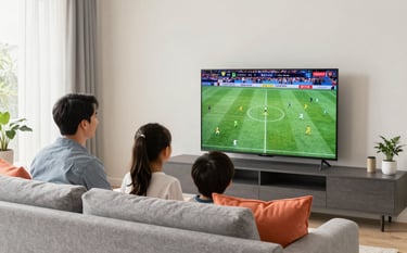 A cheerful North American / US family in a sunlit modern living room, watching a vibrant live soccer match on a sleek flatscreen TV. The room is styled with soft off-white walls, medium grey furniture, and bright coral orange accent pillows. The atmosphere is reliable and inviting, suggesting high-quality entertainment.