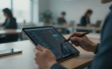 A focused professional in a modern North American co-working space using a tablet, close-up shot showing high-tech interface reflection, soft natural light from a window, muted blue and gray color palette.