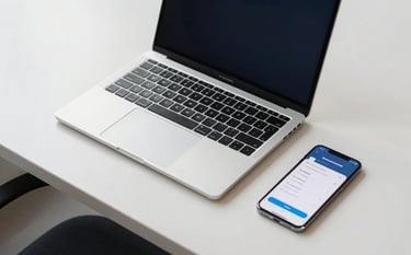 An overhead view of a clean, minimalist desk in a North American corporate office featuring a sleek laptop and a smartphone showing a progress app, accented with dark navy and light blue tones.