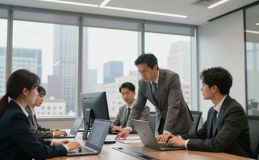 A group of professionals in a high-rise North American boardroom with large windows overlooking a city skyline, engaged in a collaborative session using digital displays, bright and crisp lighting.