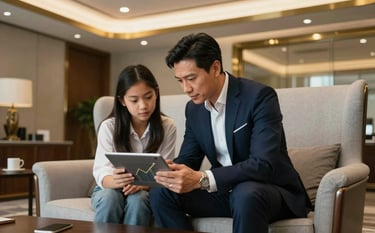 An empowering scene of a mentor and student in a luxurious North American / US office suite. They are reviewing growth charts on a tablet, surrounded by sophisticated navy and light gray furniture with warm gold lighting.