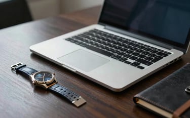 Close-up of a high-end silver laptop on a sleek dark wood desk in a North American / US corporate setting. A designer watch and a leather notebook sit nearby, reflecting a mood of abundance and muted blue and gold professional style.