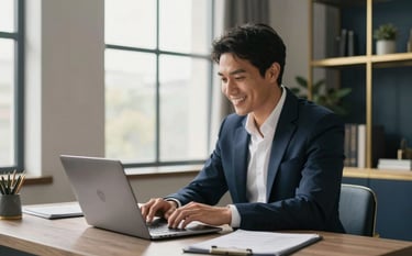 A successful professional in a bright, modern North American / US home office, smiling while looking at a laptop screen. The room is decorated with sophisticated gold and navy accents, featuring a large window with soft sunlight.