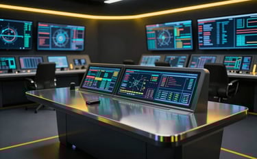 Cinematic photography of a high-tech digital control center. The environment is dominated by dark charcoal tones with glowing neon yellow light strips running along the edges of minimalist workstations. A sharp focus on a sleek metallic surface reflecting vibrant data visualizations.