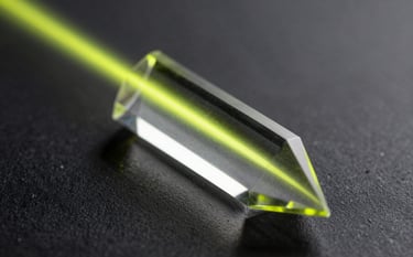Detailed macro photography of a glass prism on a black surface. A single beam of sharp neon yellow light passes through the prism, creating a brilliant, precise flare. The style is sleek, technical, and high-tech.