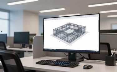 A wide shot of a modern computer workstation in a Brazilian engineering firm showing a 3D structural model on a large screen. The environment is professional and clean, with soft light blue and off-white accents in the architecture.