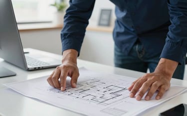 A close-up photograph of a professional engineer's hands reviewing a complex architectural blueprint on a clean, modern desk in a bright South American office. The lighting is natural and sharp, emphasizing precision. Elements of navy blue and medium blue are visible in the office decor.