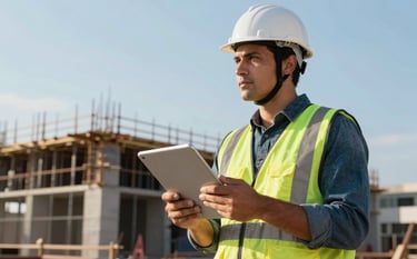 A medium shot of a professional engineer in a white hard hat and safety vest standing at a construction site in Brazil, holding a tablet and looking at the structure. The sun is bright, highlighting the trustworthiness and expertise. The sky is a clear light blue.