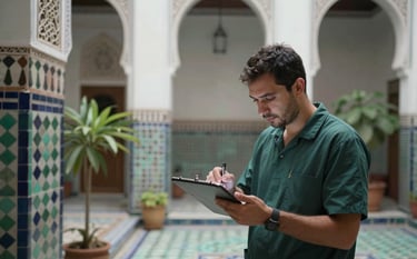 A discreet, professional technician in a clean uniform inspecting a traditional Marrakech Riad courtyard with precision. Soft morning light illuminates the intricate tile work and lush plants. The colors include deep spruce and muted sea green for a trustworthy atmosphere.