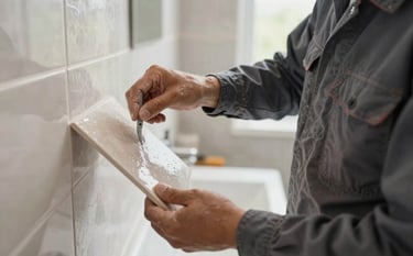 A close-up photograph of a professional tiler wearing a stone grey work shirt, meticulously placing a ceramic tile. The lighting is natural and bright, with a soft focus background of a modern bathroom. The color palette features deep slate and soft parchment tones.