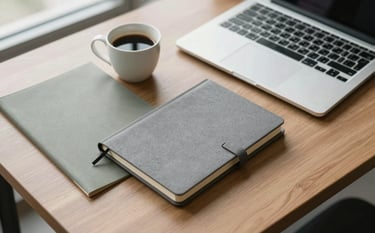 A high-angle photo of a modern office desk featuring a laptop and a stone grey notebook. A cup of coffee rests beside a muted sage folder. The mood is professional and strategic, with natural light coming from a nearby window.