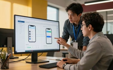 A high-end professional workspace in a North American corporate office. Two experts are discussing a mobile app wireframe on a large monitor. The room is filled with warm morning light, with accents of yellow and reddish brown in the modern decor. Sharp focus, professional photography.