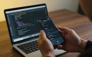 A close-up shot of a developer's hands using a modern smartphone next to a laptop displaying clean code. The setting is a minimalist tech hub in the US. Soft lighting with yellow highlights and deep wood brown textures in the background. High-tech, professional atmosphere.