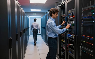 An wide shot of a sleek North American data center hallway with blue and reddish brown lighting. A professional engineer is walking through the aisle checking server racks. Innovative, secure, and modern photography style.