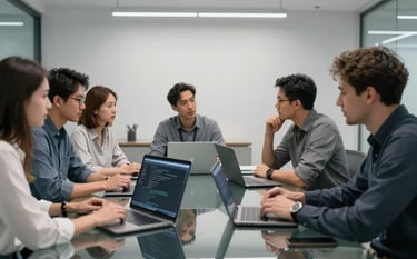 A group of professional software engineers in a modern North American / US tech firm having a discussion around a glass table. Multiple high-end laptops are open, showcasing lines of code. The room has a professional cool slate grey and cloud white palette with premium lighting.