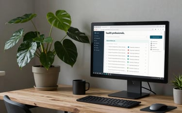 A minimalist home office with natural lighting, a forest green plant, and a sleek monitor showing organic search results for health professionals.