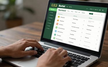 A close-up of a person's hands typing on a laptop with a high-resolution screen showing a clean nutritional dashboard, styled with forest green accents.