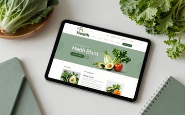 A top-down professional desk shot featuring a tablet displaying a clean, modern health website, surrounded by fresh green vegetables and a notebook, in soft-white and sage green tones.