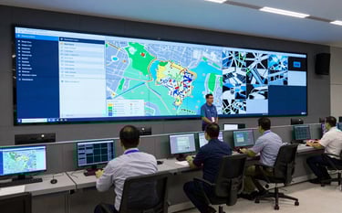 Interior of a high-tech logistics control center in Brazil. Professional staff monitoring digital maps and security feeds on large screens. The environment is clean, dominated by slate blue and navy tones, projecting absolute control and reliability.