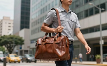 A professional courier wearing a clean, modern uniform, carrying a high-quality leather document bag, walking confidently in a South American / Brazilian business district. Natural bright daylight, focus on the courier's professional demeanor and the secure bag, office buildings in the background.