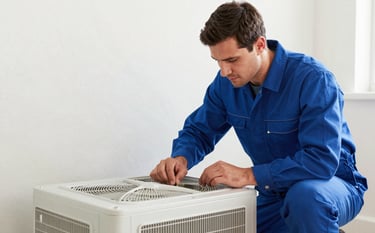 A professional HVAC technician in a clean deep blue uniform performing a maintenance check on a modern indoor furnace unit in a North American / US home. The lighting is bright and clean, conveying trust and efficiency.