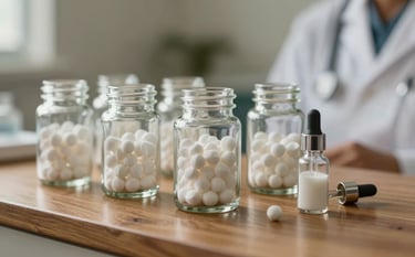 Photography of a professional South Asian / Indian clinic setting. Glass jars of white homeopathic pellets and a small glass dropper bottle are arranged neatly on a polished wooden surface. Soft natural light creates a serene atmosphere with light beige and muted olive tones.