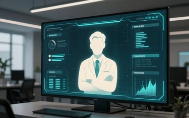 A futuristic digital university environment with a focus on an AI-driven interface. A sleek, sophisticated office setting in dark navy and deep teal tones, with a glowing off-white digital avatar of a professor appearing on a high-tech glass screen. The atmosphere is professional and innovative.